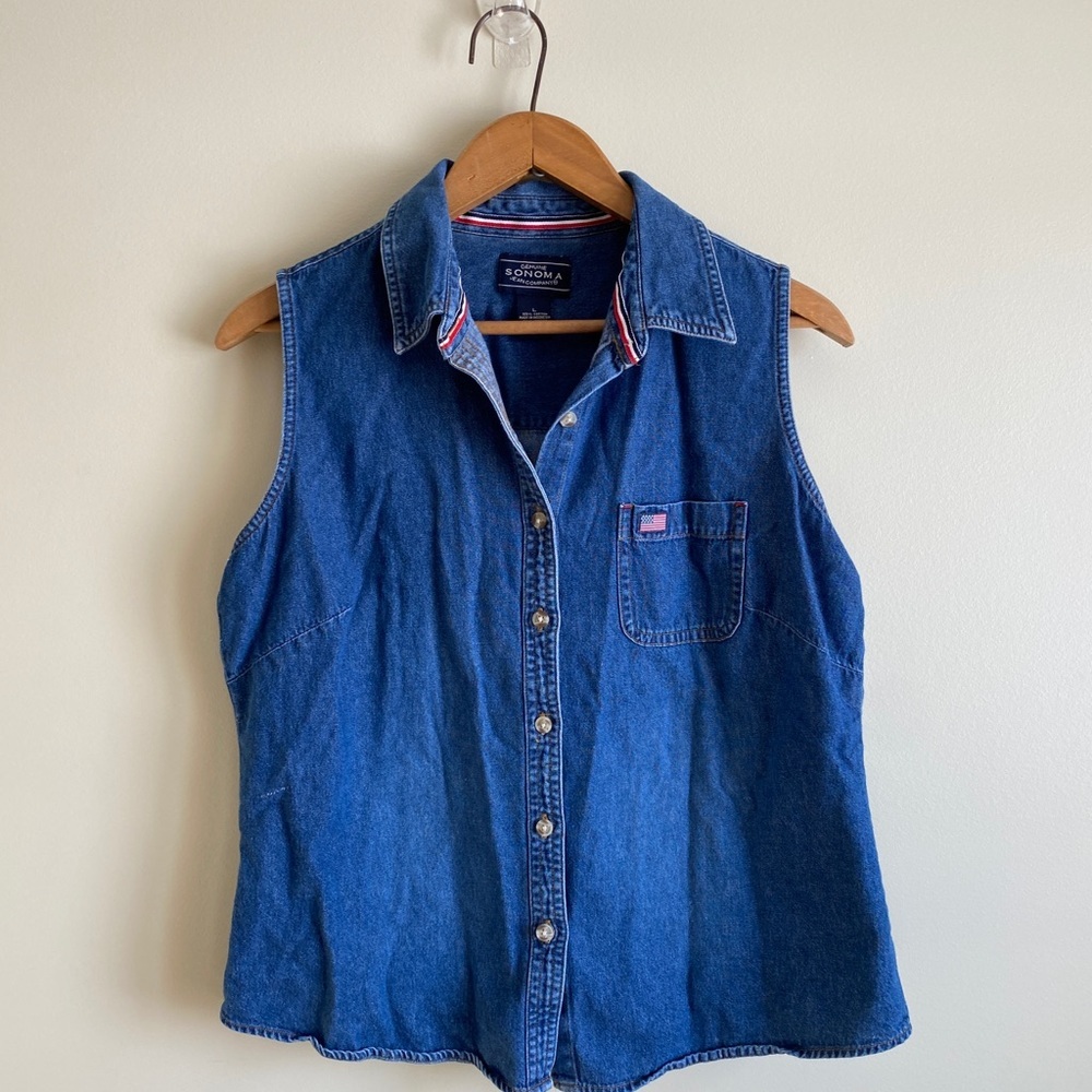 Sonoma Blue Denim Sleeveless Shirt Chest Pocket